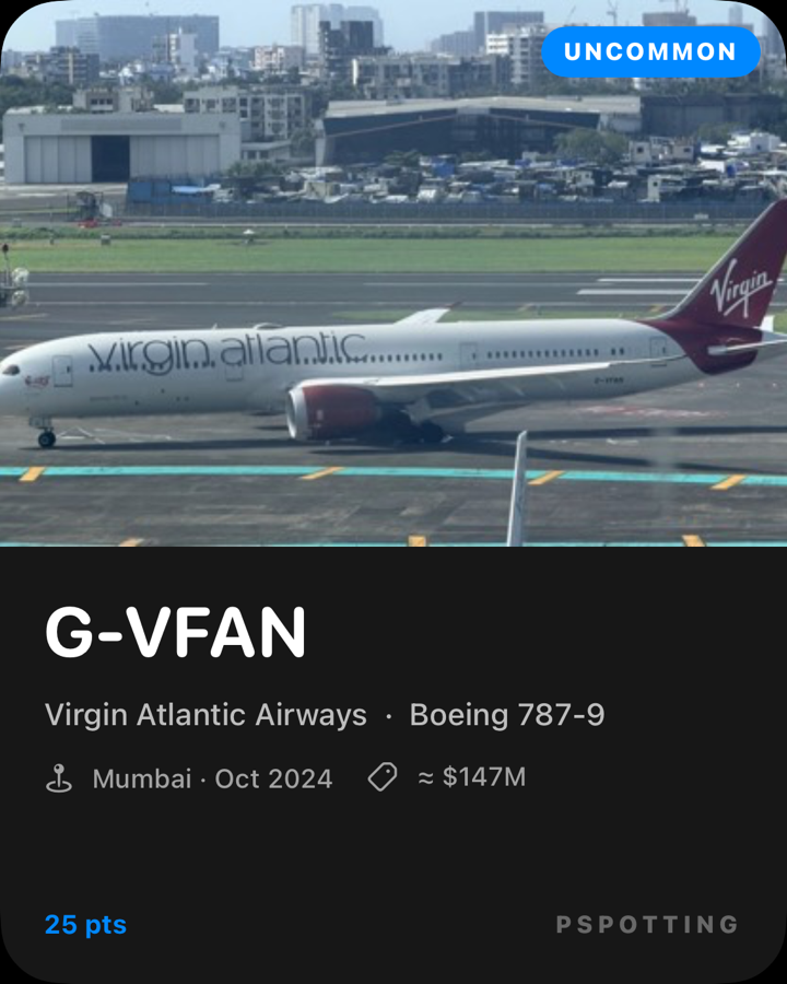 A Pspotting share card — Virgin Atlantic Boeing 787-9, G-VFAN, Uncommon, 25 points
